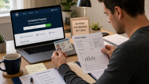 A person reviewing official identity documents including a driver's license and utility bill before filing an unclaimed property claim with their state