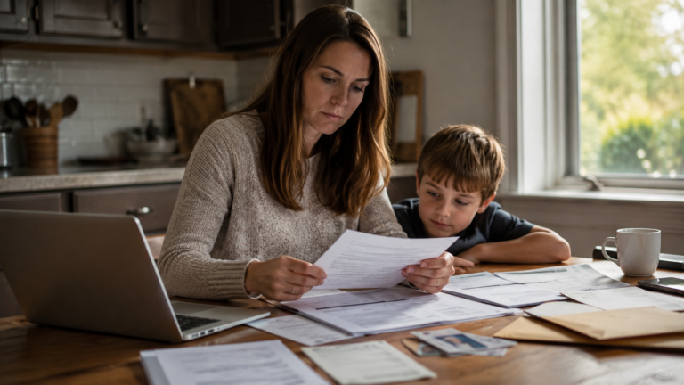 Parent reviewing official unclaimed property paperwork for a child at a kitchen table