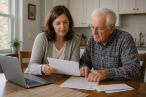 Adult child helping an elderly parent search for and claim unclaimed money through an official state program
