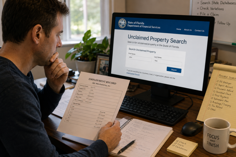 Person reviewing old employment records while searching official state unclaimed property databases for money connected to a closed business or former employer
