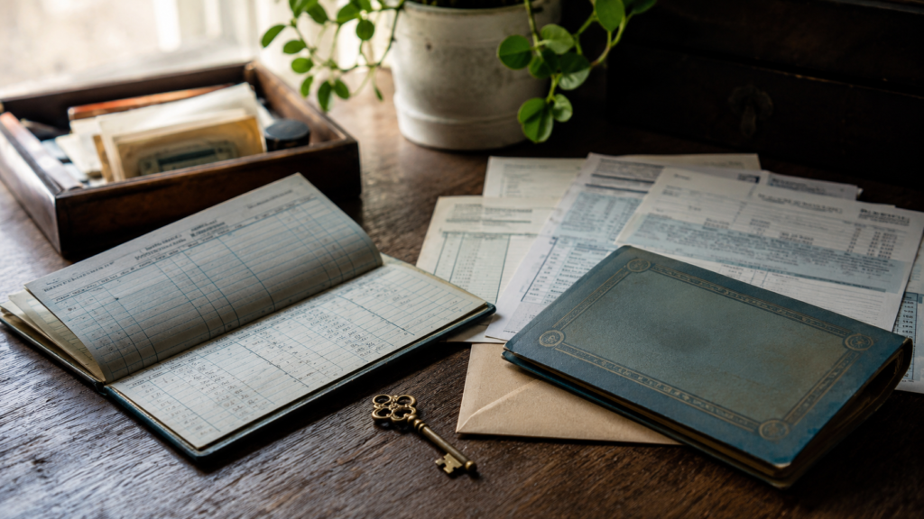 Vintage savings passbook, archived bank records, and financial documents representing forgotten bank accounts