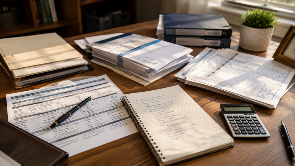 Financial records, laptop, retirement statements, handwritten employment timeline, and a magnifying glass used while researching a lost 401(k).