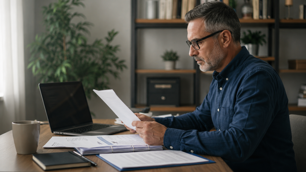 Individual reviewing retirement account and employment records while searching for unclaimed money