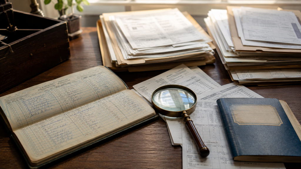Archived bank statements, check register, and savings documents representing a forgotten bank account search