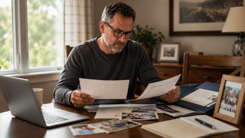 Person reviewing life insurance paperwork and family documents while searching for unclaimed benefits.