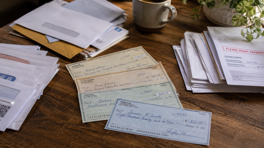 Stack of uncashed checks and payment notices representing unclaimed money