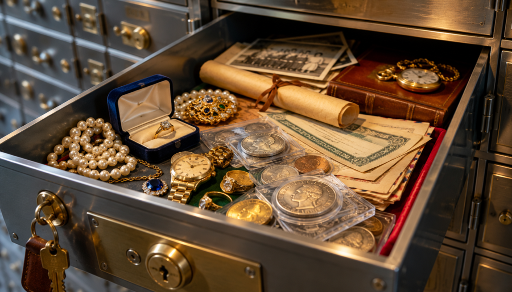 Open safe deposit box containing valuables and documents representing unclaimed property