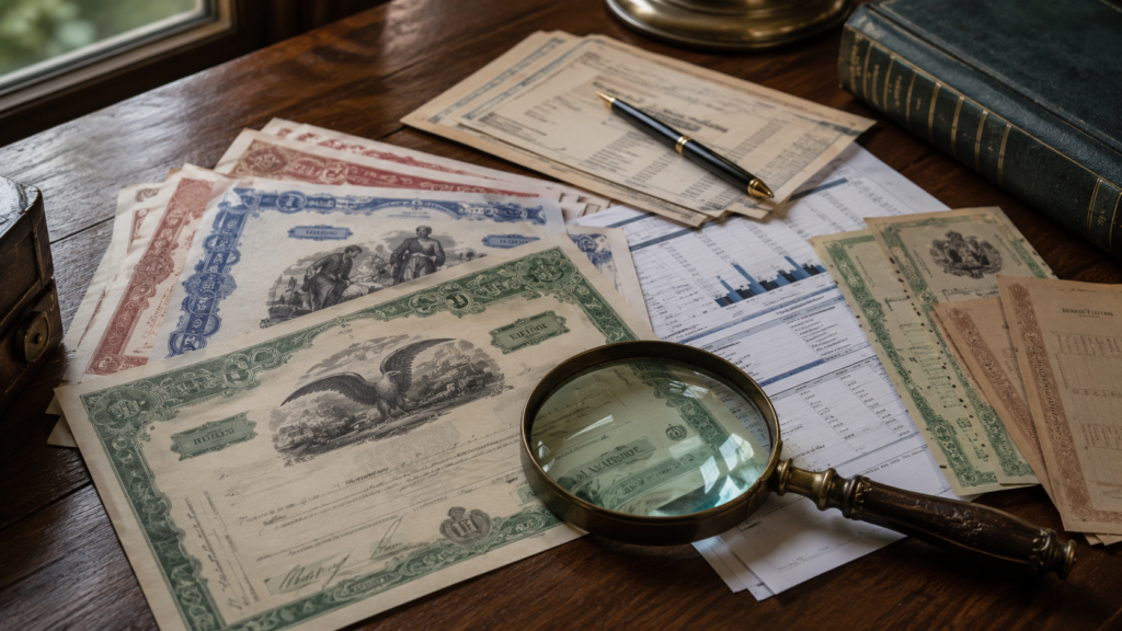 Forgotten stock certificates and investment records representing unclaimed investment assets