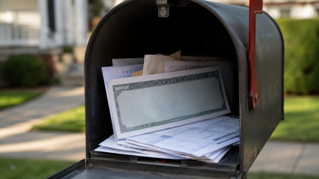 Unopened refund check and tax documents representing an unclaimed tax refund