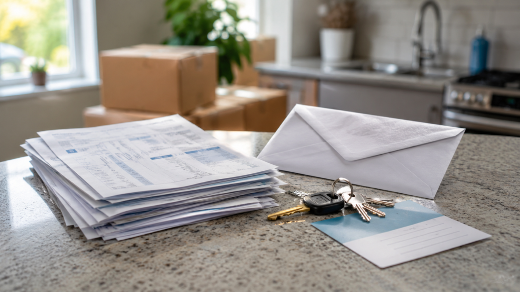 Utility bills, refund notice, and house keys representing unclaimed utility deposits