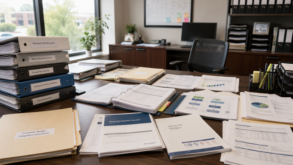 Organized archival pension files, retirement booklets, employment records, and benefit statements on a large research table.