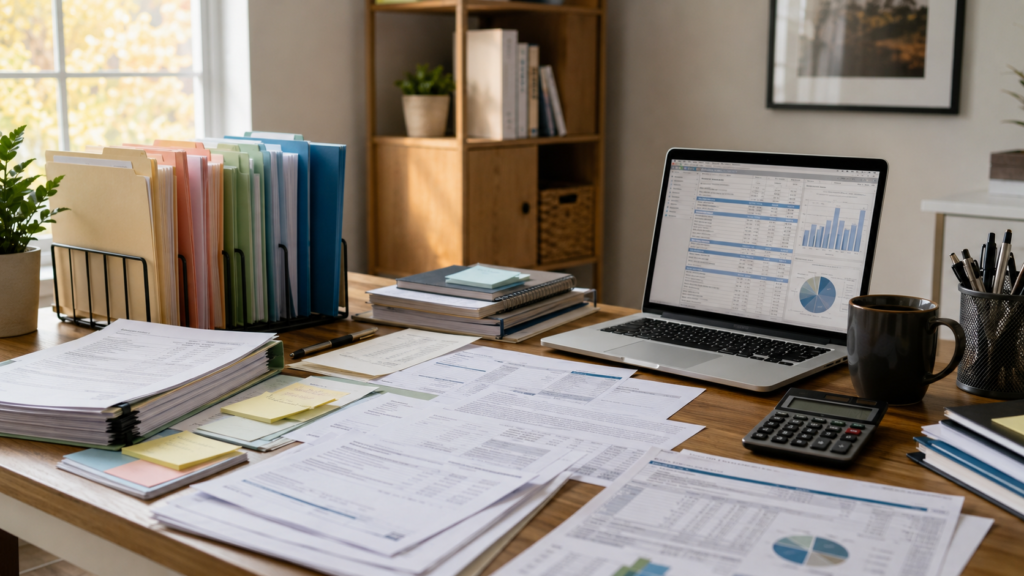 Modern financial records, archived brokerage statements, merger notices, and investment paperwork organized on a desk during a brokerage account search.