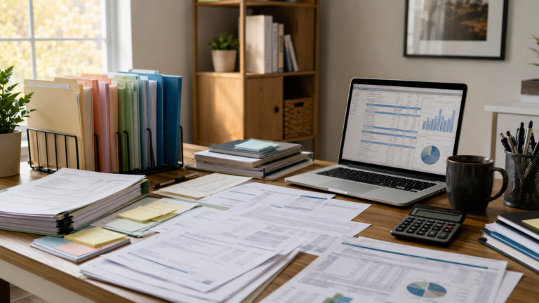 Modern financial records, archived brokerage statements, merger notices, and investment paperwork organized on a desk during a brokerage account search.