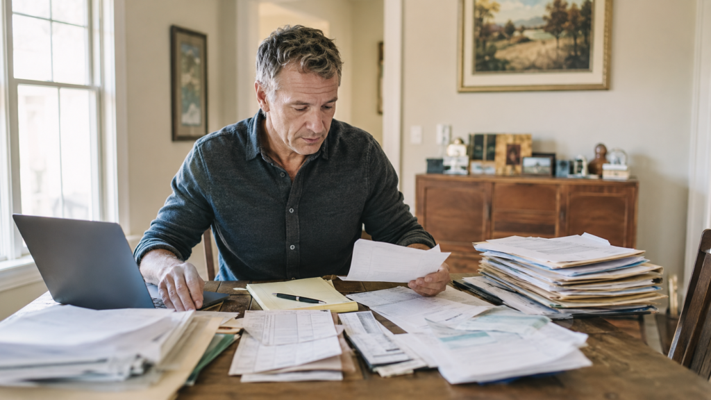 Person reviewing retirement paperwork while searching for an old pension from a previous employer.