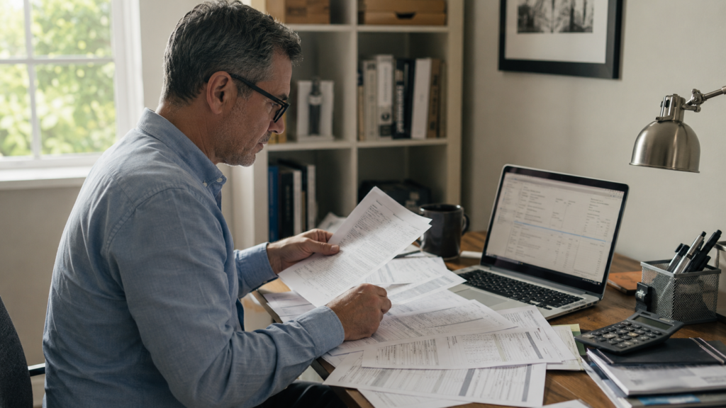 Person reviewing old investment statements and brokerage paperwork while searching for a forgotten brokerage account.