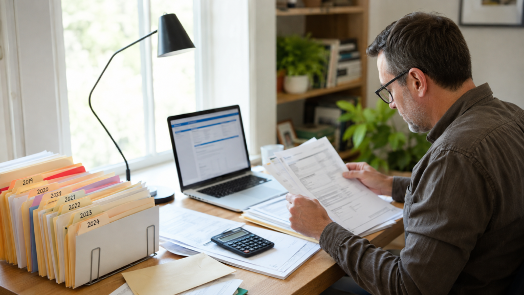 Person reviewing old tax returns and financial records to find an unclaimed IRS tax refund
