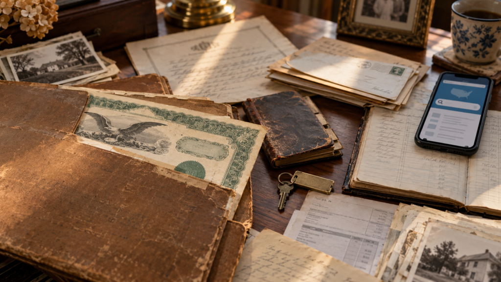 Old stock certificate discovered with estate papers, dividend envelopes, an address book, and a safe deposit box key
