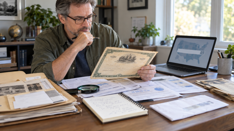 Adult researching old stock certificates, brokerage statements, and unclaimed shares at a home office desk