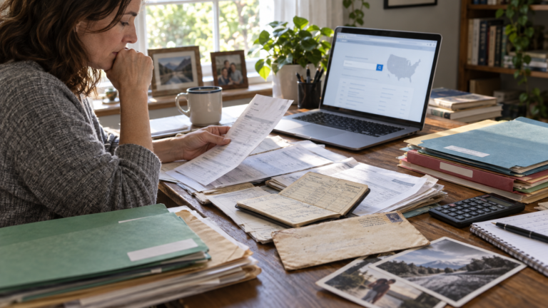 Person reviewing old bank statements while searching for money from an inactive bank account