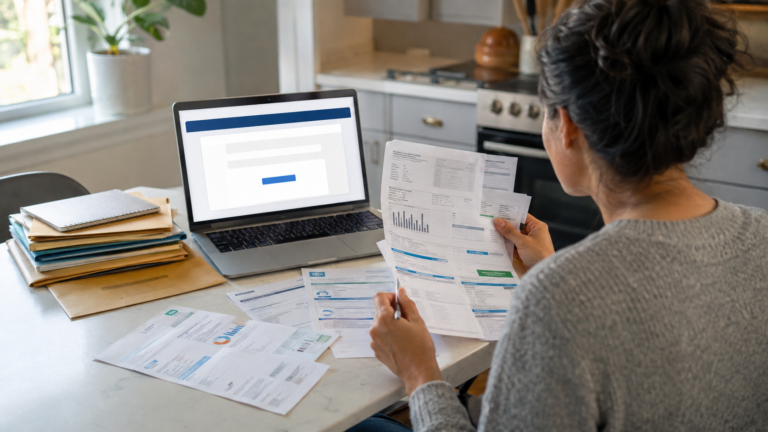 Person reviewing old utility bills and account records while searching for unclaimed utility deposits and refunds