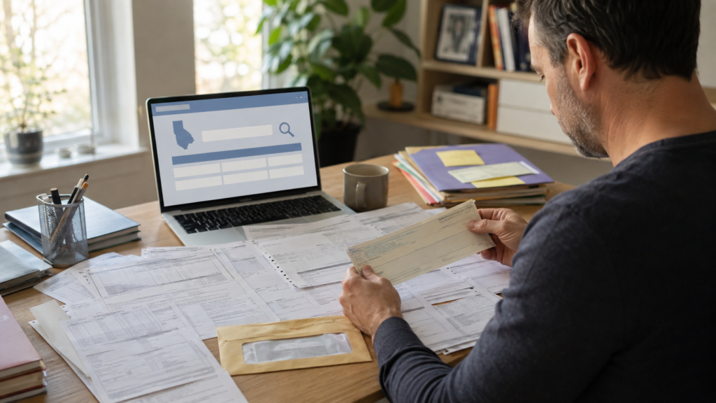 Person reviewing old pay stubs and employment records while searching for an uncashed paycheck
